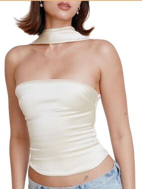 Ivory Satin Strapless Scarf-Neck Bustier Top